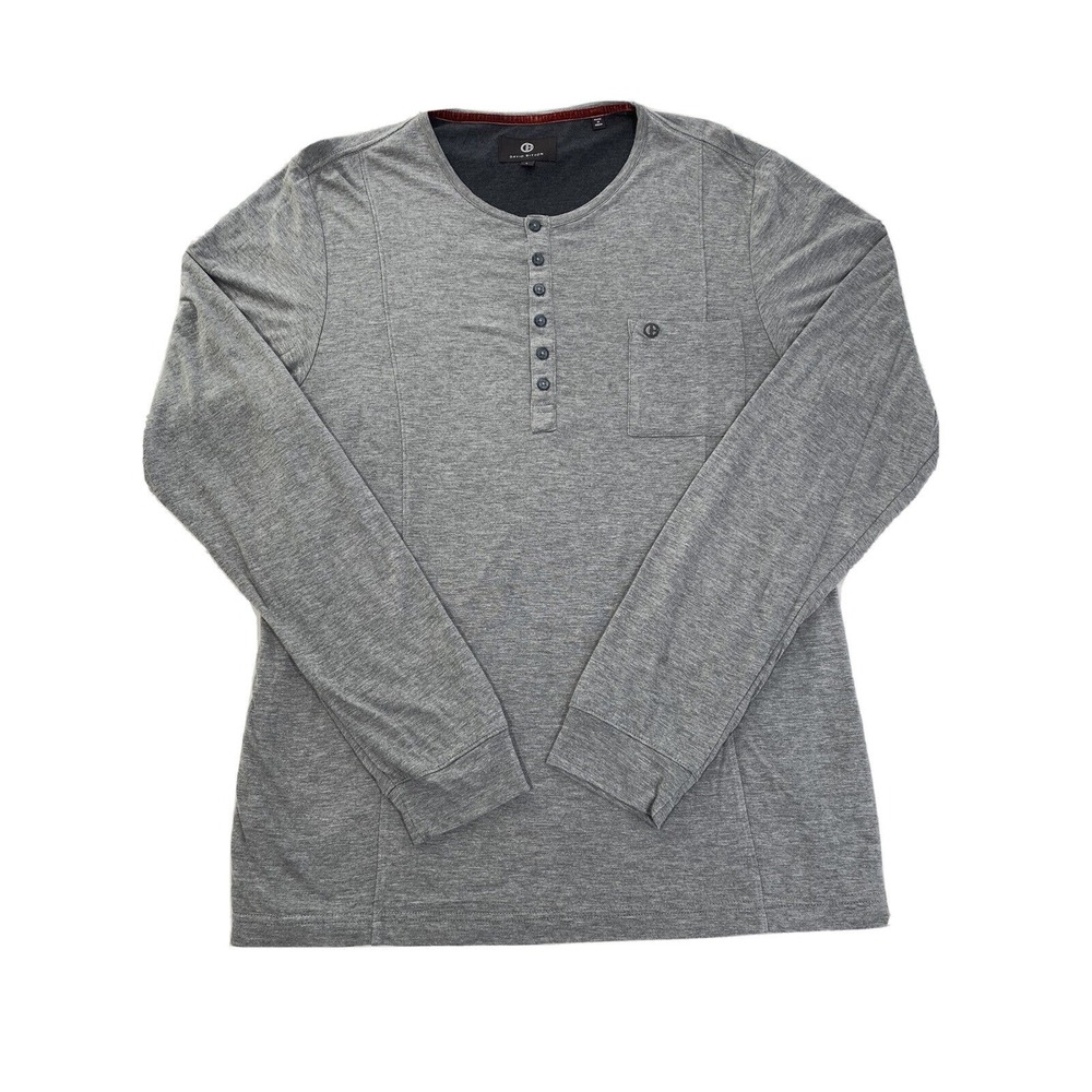 David Bitton Henley Shirt Mens Large Gray Cotton Blend Logo Modern Minimalist